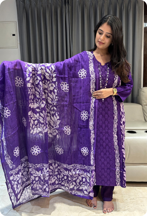 Premium party wear mul chanderi kurta set with zardozi work and chanderi handloom dupatta (3) Pure muslin kurta set with crotian detailings and mirror work - Image 1