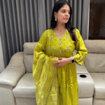 Roman silk A-line style party wear kurta set with mirror and thread work