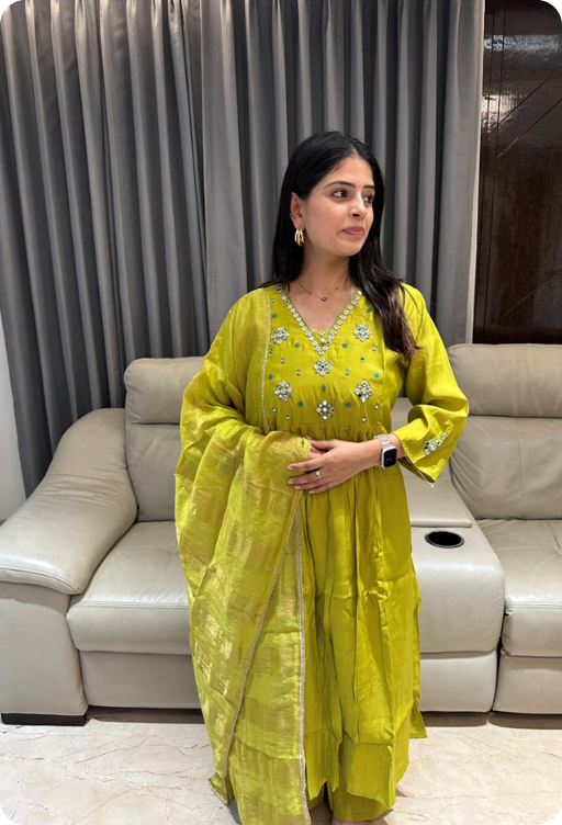 Premium party wear mul chanderi kurta set with zardozi work and chanderi handloom dupatta (5) Roman silk A-line style party wear kurta set with mirror and thread work - Image 1