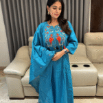 Mul cotton Anarkali in blue colour with thread work