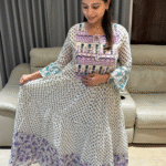 Premium mul cotton gown with thread work yolk and bell sleeves