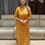 kurta and pant set with V collared neck with heavy embroidery