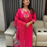 Roman silk kurta set with embroidery yolk and full length digital print duppatta