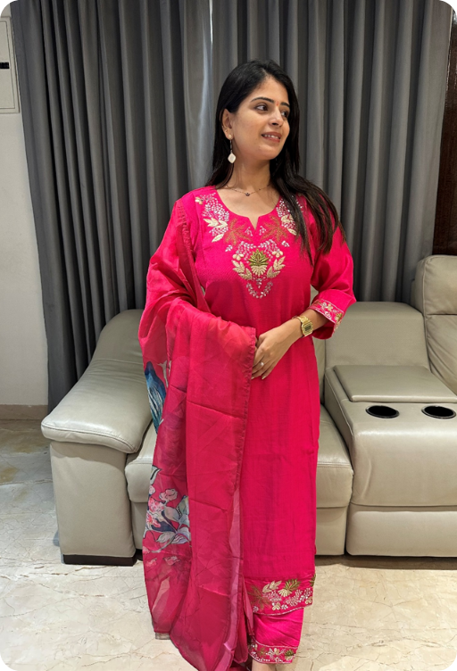 Premium rust orange cotton kurta and pant set with thread weaving and french knot boolean work (14) Roman silk kurta set with embroidery yolk and full length digital print duppatta - Image 1