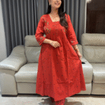 Premium rust orange cotton kurta and pant set with thread weaving and french knot boolean work