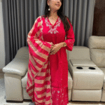 Party wear roman silk kurta set with zari thread work and tissue lines duppatta