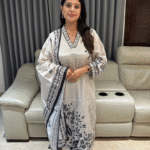 Pure butter muslin V neck kurta set with black floral digital prints and embroidered neck