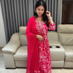 Premium chinnon kurta set with mirror and zardozi work neck