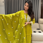 Roman silk party wear kurta set with thread work embroidery and real mirror work on the yolk