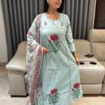 Premium mul cotton kurta set with hand block prints highlighted with sequence work and paired with Kota Doriya Duppatta
