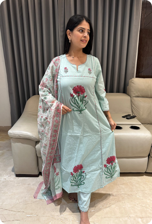 Premium rust orange cotton kurta and pant set with thread weaving and french knot boolean work (6) Premium mul cotton kurta set with hand block prints highlighted with sequence work and paired with Kota Doriya Duppatta - Image 1