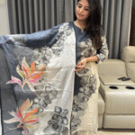 Pure cotton kurta set in dual shade with floral prints and sequence and kantha work detailing’s