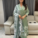 Pure chinnon v collared neck A-line kurta set with heavy thread work on neck and Daaman