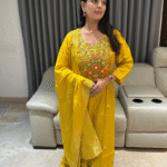 : Premium roman silk kurta set with heavy thread and mirror work on the yolk