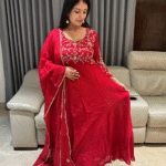 Designer Chinnon Anarkali with heavy zardozi work on the yolk and hands