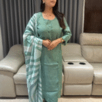 Roman silk kurta set with embroidery and lehariya style dupatta