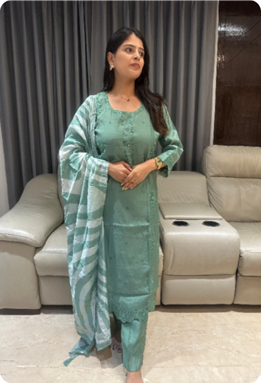 Untitled design (26) Roman silk kurta set with embroidery and lehariya style dupatta - Image 1